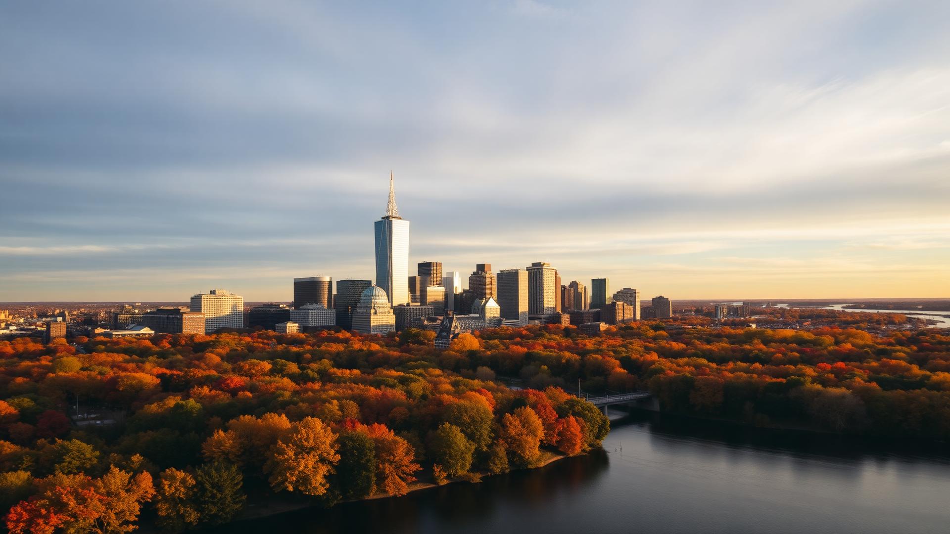 Aerial view of New England fall foliage from a helicopter above Boston