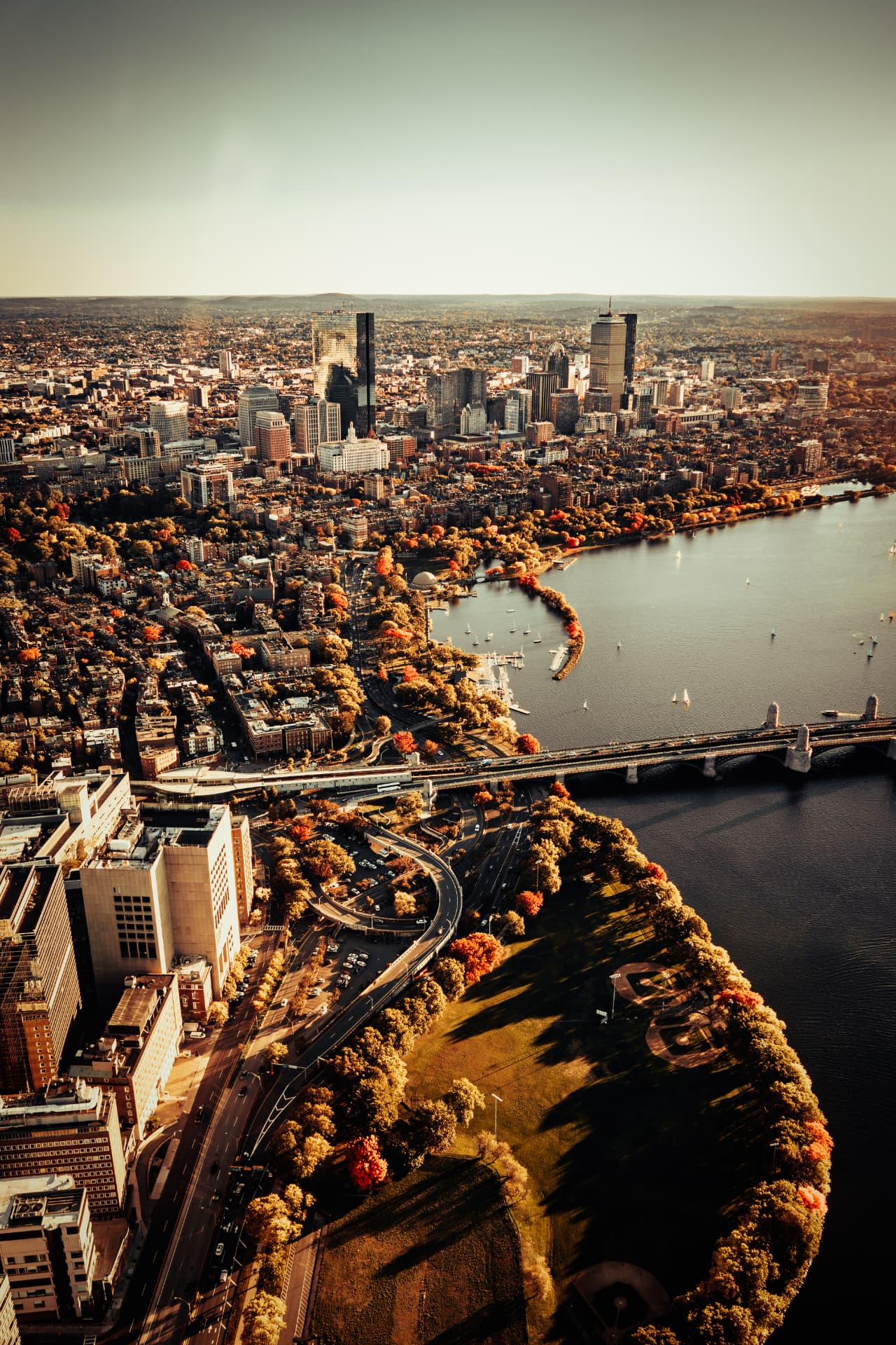 Boston skyline and the Charles River in autumn, seen from a helicopter